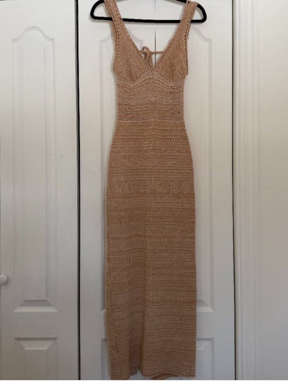 Torn by Ronny Kobo Beige Crochet Knit Backless Maxi Dress